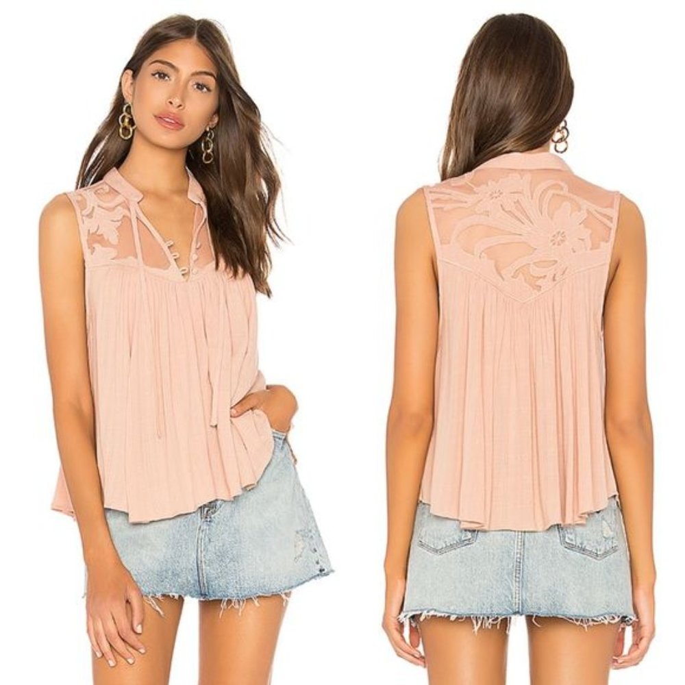 FREE PEOPLE Western Romance Rose Mesh Top Size XS